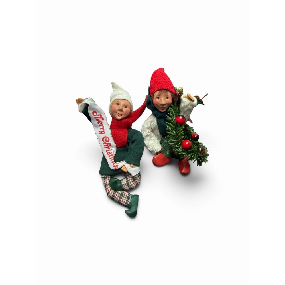 Byers Choice Kindles Christmas Elves Pair Merry Christmas Tree Vintage